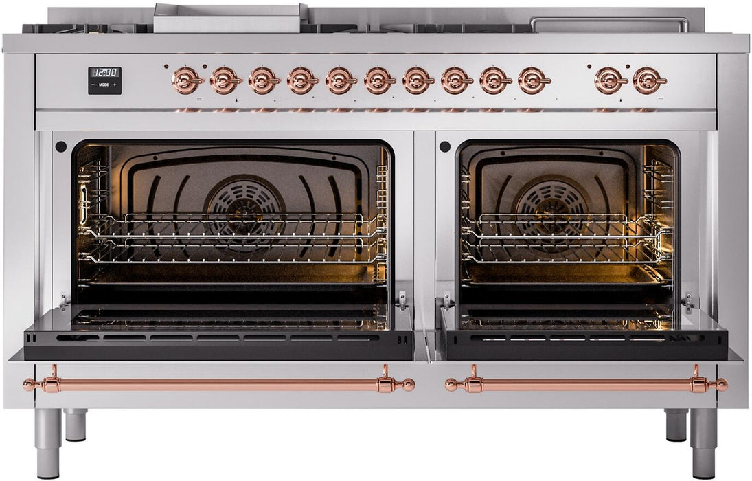 ILVE Nostalgie II 60" Dual Fuel Natural Gas Range in Stainless Steel with Copper Trim, UP60FSNMPSSP