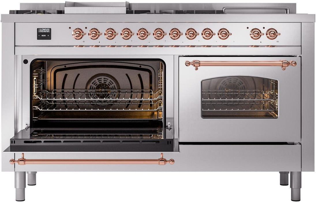 ILVE Nostalgie II 60" Dual Fuel Natural Gas Range in Stainless Steel with Copper Trim, UP60FSNMPSSP