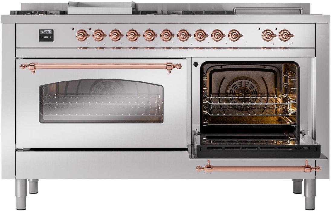 ILVE Nostalgie II 60" Dual Fuel Natural Gas Range in Stainless Steel with Copper Trim, UP60FSNMPSSP