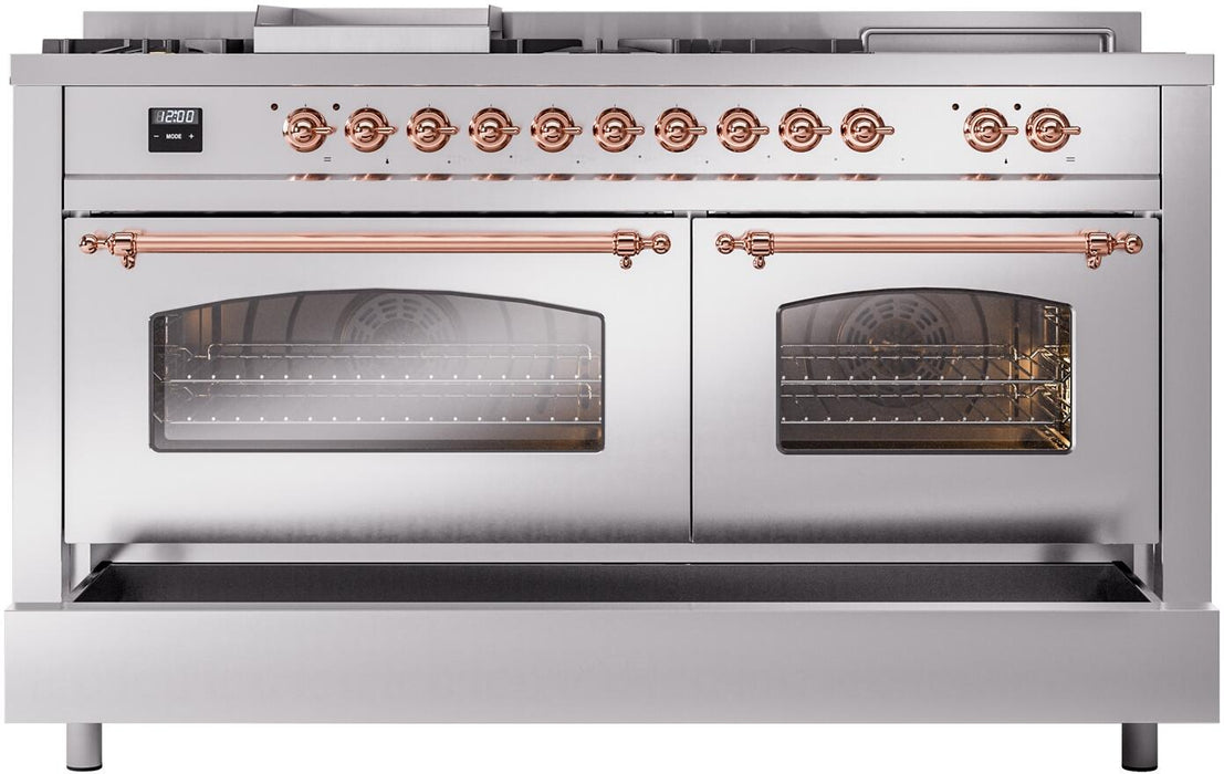 ILVE Nostalgie II 60" Dual Fuel Natural Gas Range in Stainless Steel with Copper Trim, UP60FSNMPSSP