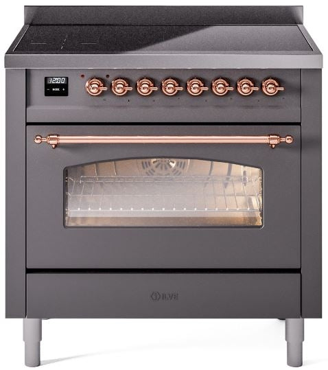 ILVE Nostalgie II 36" Induction Range with Element Stove and Electric Oven in Matte Graphite with Copper Trim, UPI366NMPMGP