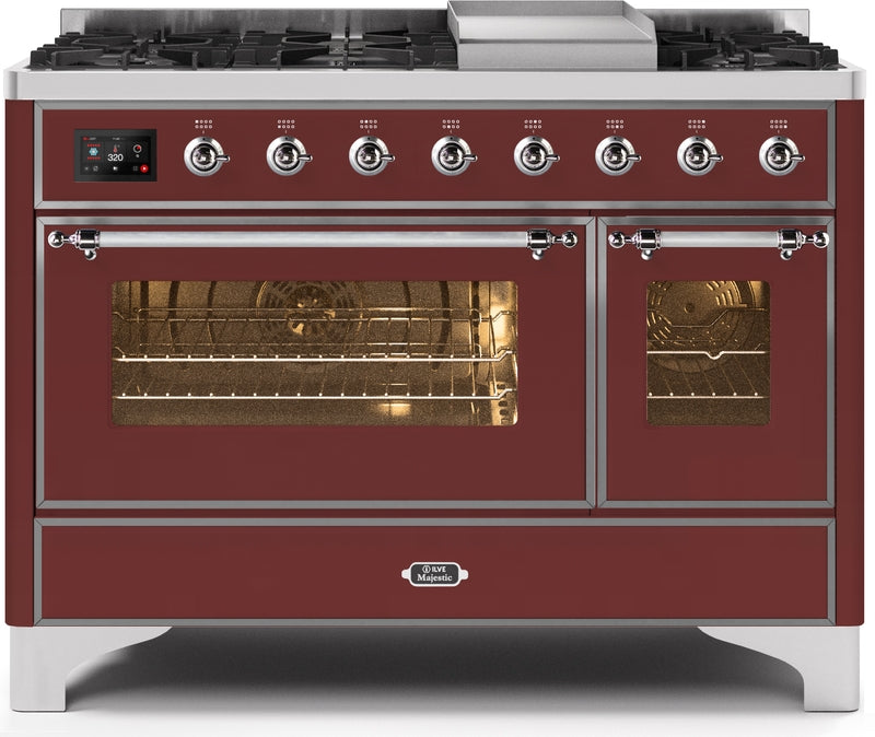 ILVE Majestic II 48" Dual Fuel Natural Gas Range in Burgundy with Chrome Trim, UM12FDNS3BUC