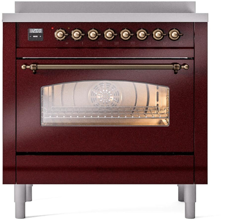 ILVE Nostalgie II 36" Induction Range with Element Stove and Electric Oven in Burgundy with Bronze Trim, UPI366NMPBUB