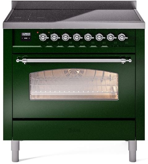 ILVE Nostalgie II 36" Induction Range with Element Stove and Electric Oven in Emerald Green with Chrome Trim, UPI366NMPEGC