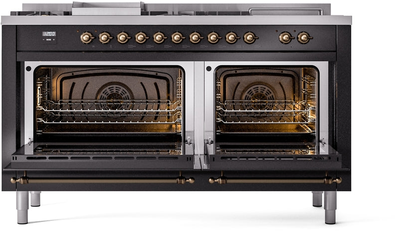 ILVE Nostalgie II 60" Dual Fuel Natural Gas Range in Glossy Black with Bronze Trim, UP60FSNMPBKB