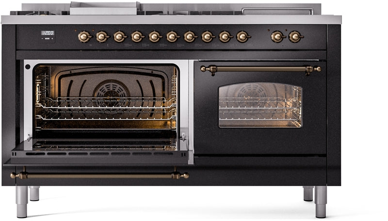 ILVE Nostalgie II 60" Dual Fuel Natural Gas Range in Glossy Black with Bronze Trim, UP60FSNMPBKB