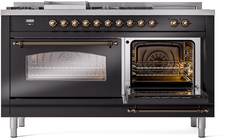 ILVE Nostalgie II 60" Dual Fuel Natural Gas Range in Glossy Black with Bronze Trim, UP60FSNMPBKB