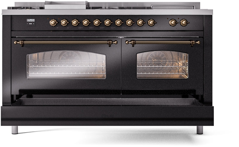 ILVE Nostalgie II 60" Dual Fuel Natural Gas Range in Glossy Black with Bronze Trim, UP60FSNMPBKB