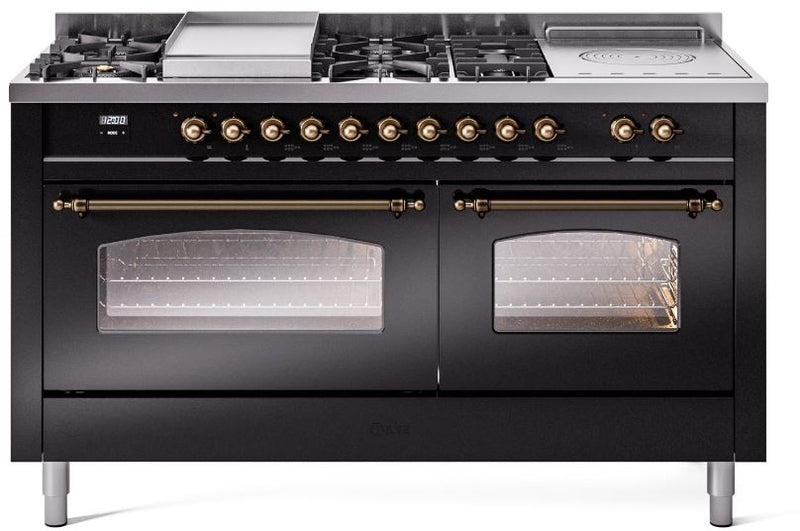 ILVE Nostalgie II 60" Dual Fuel Natural Gas Range in Glossy Black with Bronze Trim, UP60FSNMPBKB