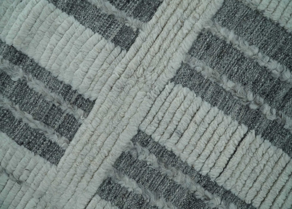 Charcoal and Silver Traditional Hand Knotted 8x10 Geometrical Pattern Wool Area Rug