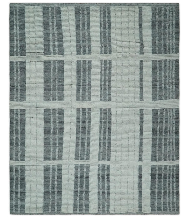 Charcoal and Silver Traditional Hand Knotted 8x10 Geometrical Pattern Wool Area Rug