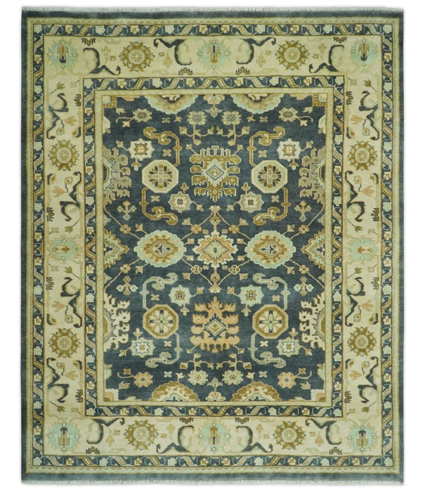 Charcoal, Beige and Olive Hand Knotted 8x10 Turkish Style Oushak Wool Area Rug
