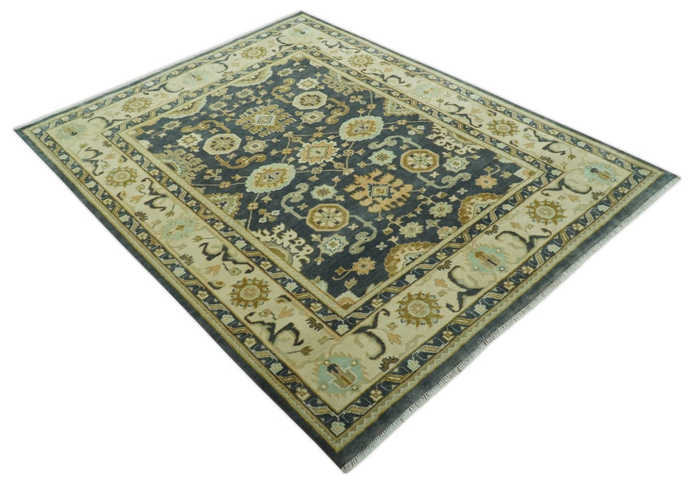 Charcoal, Beige and Olive Hand Knotted 8x10 Turkish Style Oushak Wool Area Rug