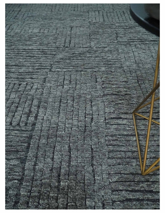 Charcoal Contemporary Stripes Pattern Hand Knotted 9.3x14.8 Wool Area Rug