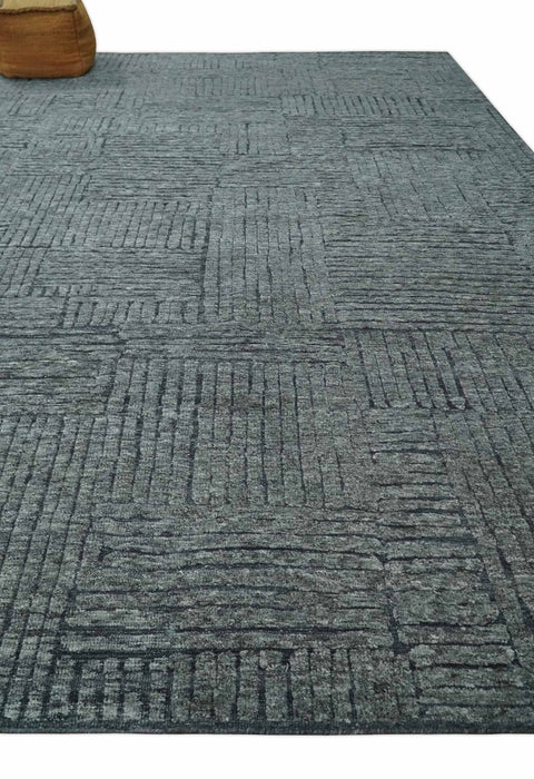 Charcoal Contemporary Stripes Pattern Hand Knotted 9.3x14.8 Wool Area Rug