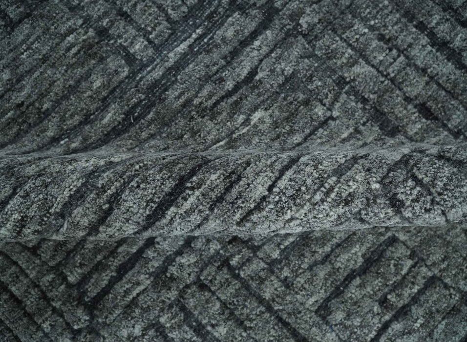 Charcoal Contemporary Stripes Pattern Hand Knotted 9.3x14.8 Wool Area Rug