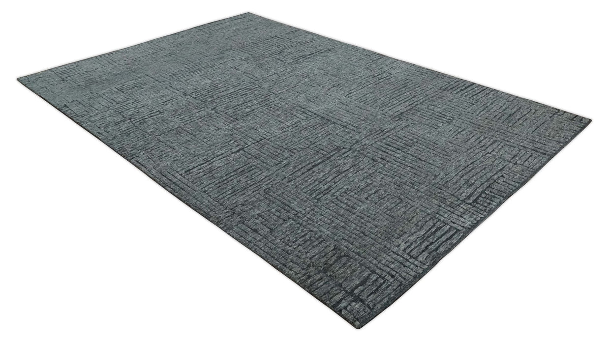 Charcoal Contemporary Stripes Pattern Hand Knotted 9.3x14.8 Wool Area Rug