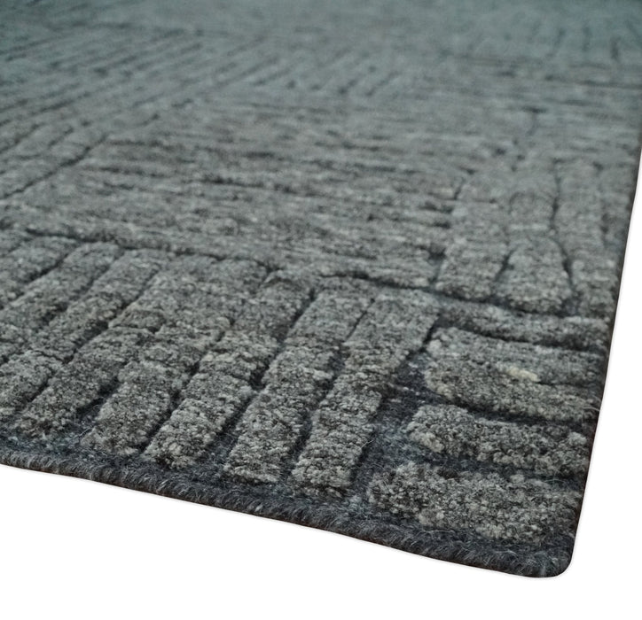 Charcoal Contemporary Stripes Pattern Hand Knotted 9.3x14.8 Wool Area Rug
