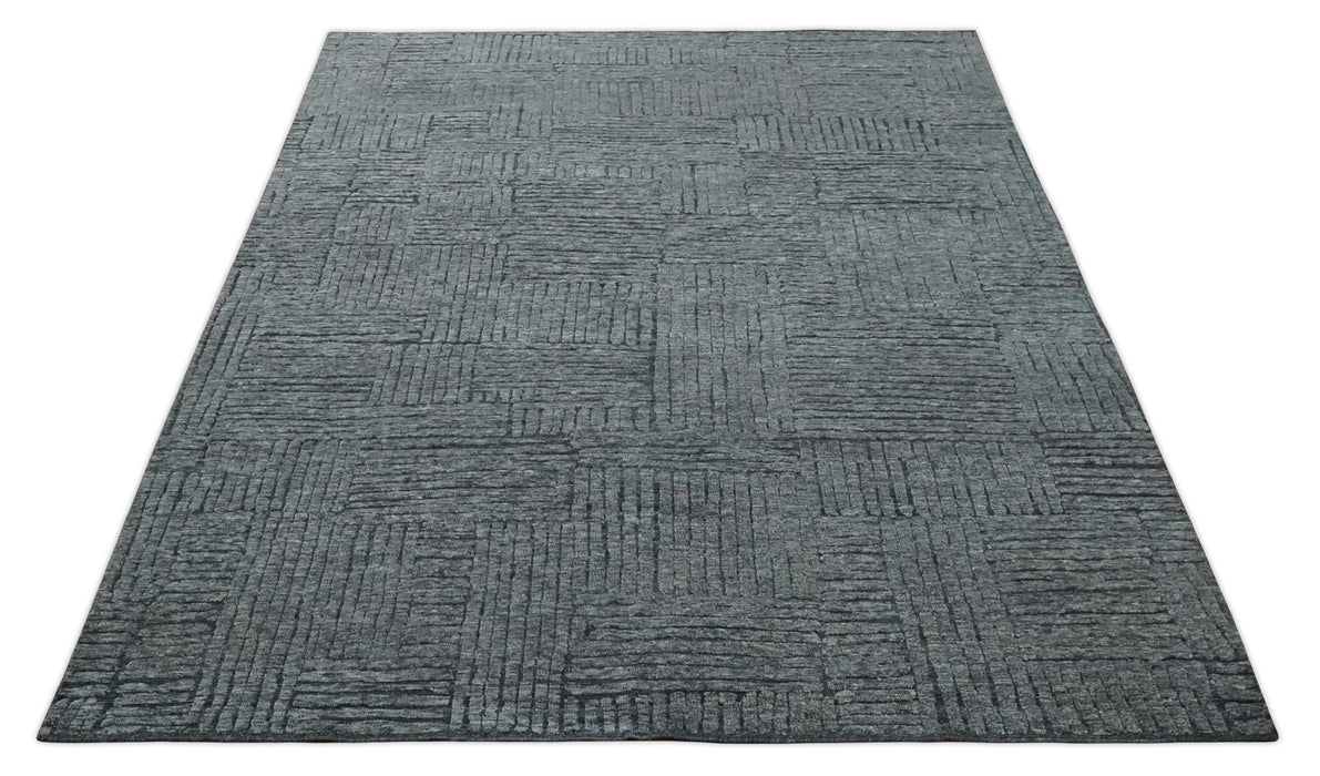 Charcoal Contemporary Stripes Pattern Hand Knotted 9.3x14.8 Wool Area Rug