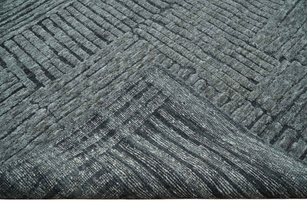 Charcoal Contemporary Stripes Pattern Hand Knotted 9.3x14.8 Wool Area Rug