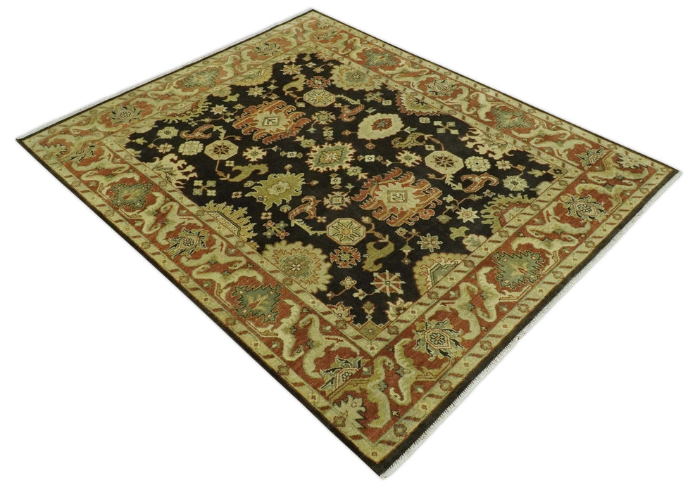 Charcoal, Olive and Rust Hand Knotted 8x10 Traditional Style Oushak Wool Area Rug