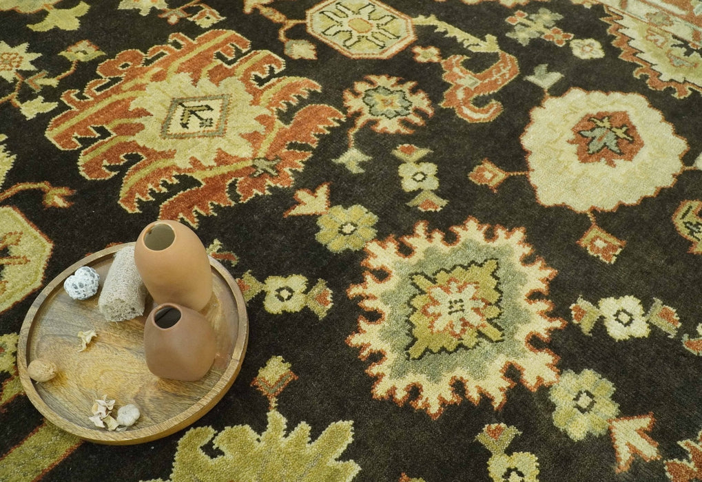 Charcoal, Olive and Rust Hand Knotted 8x10 Traditional Style Oushak Wool Area Rug