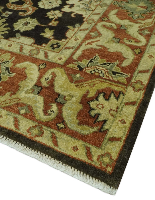 Charcoal, Olive and Rust Hand Knotted 8x10 Traditional Style Oushak Wool Area Rug