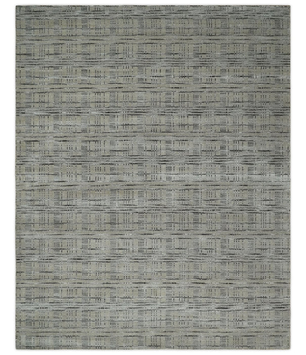 Checkered 8x10 Hand Made Black and Beige Blended Wool Area Rug