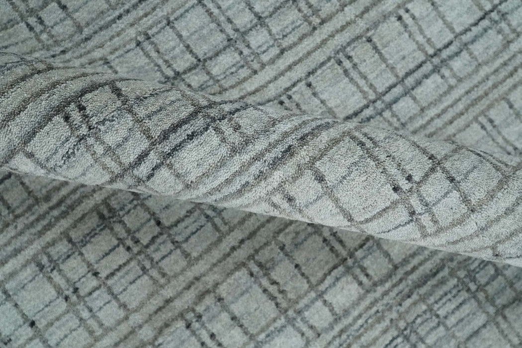 Checkered Silver, Brown and Gray 8x10 Hand Made Blended Wool Area Rug