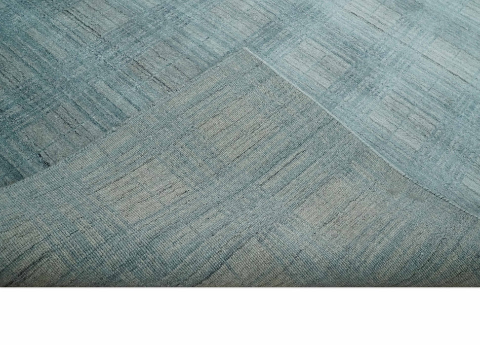 Checkered Blue and Gray  8x10 Hand Made Blended Wool Flatwoven Area Rug