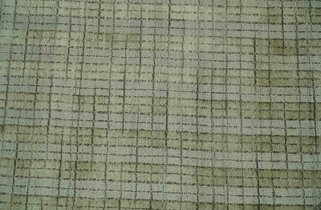 Checkered Olive Green & Beige Scandinavian 8x10 Hand Made Blended Wool Flatwoven Area Rug | KE19
