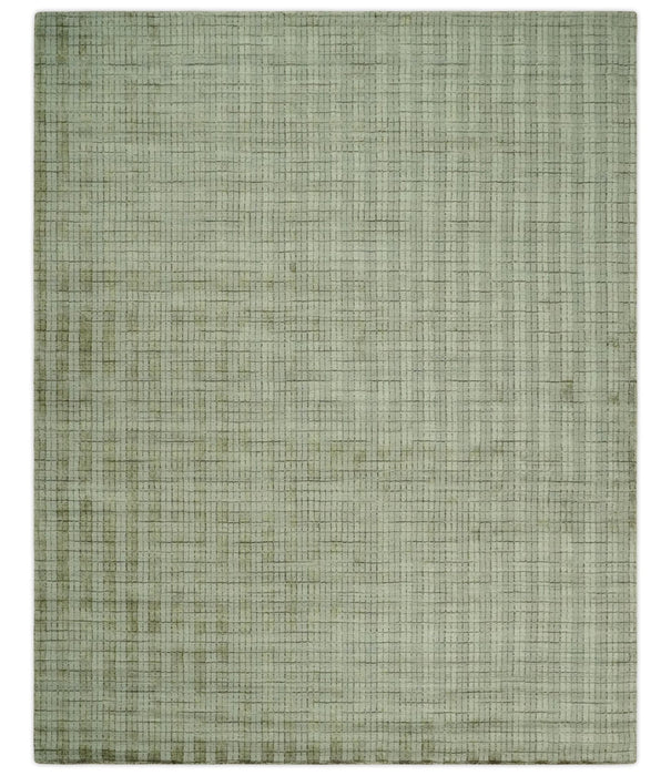 Checkered Olive Green & Beige Scandinavian 8x10 Hand Made Blended Wool Flatwoven Area Rug | KE19