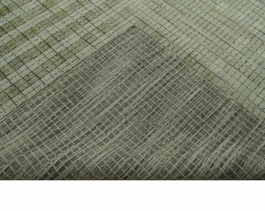 Checkered Olive Green & Beige Scandinavian 8x10 Hand Made Blended Wool Flatwoven Area Rug | KE19