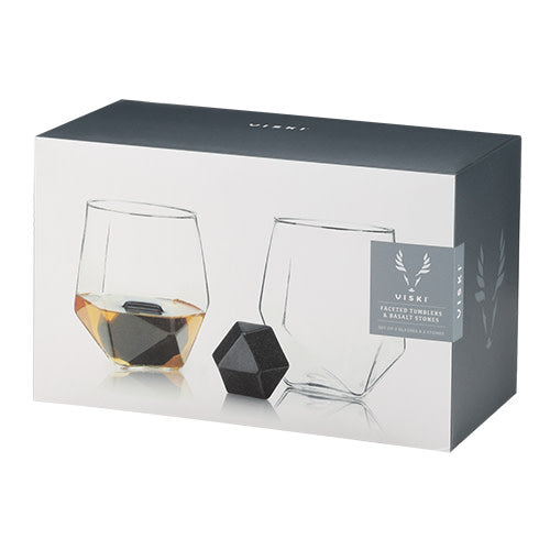 Seneca Faceted Crystal Tumbler and Basalt Hexagon Stone Set