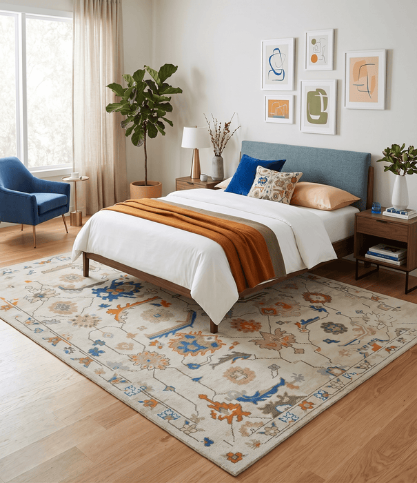 Colorful Ivory, Blue, Orange and Olive Hand Knotted Traditional Oriental Oushak Custom Made wool area Rug