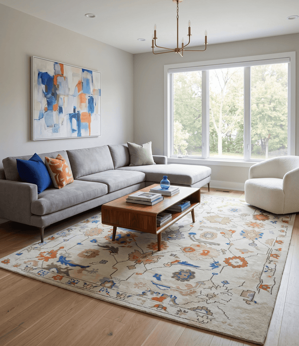 Colorful Ivory, Blue, Orange and Olive Hand Knotted Traditional Oriental Oushak Custom Made wool area Rug