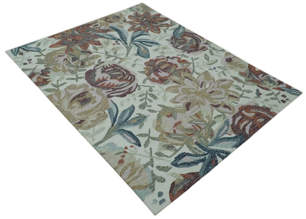 Colorful Ivory, Olive and Brown 8x10 Floral Design Hand Tufted wool Rug