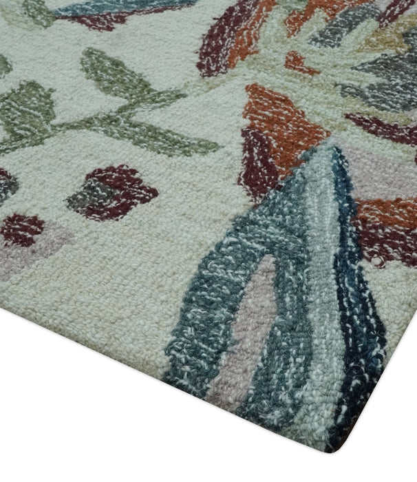 Colorful Ivory, Olive and Brown Floral Design Hand Tufted Custom Made wool Rug