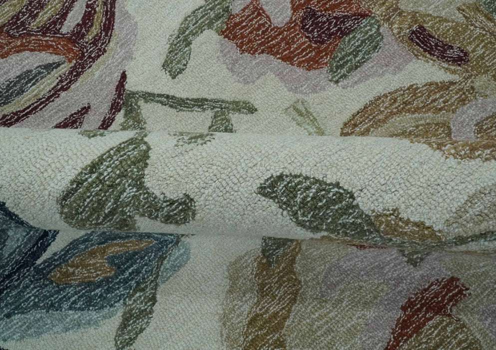 Colorful Ivory, Olive and Brown Floral Design Hand Tufted Custom Made wool Rug