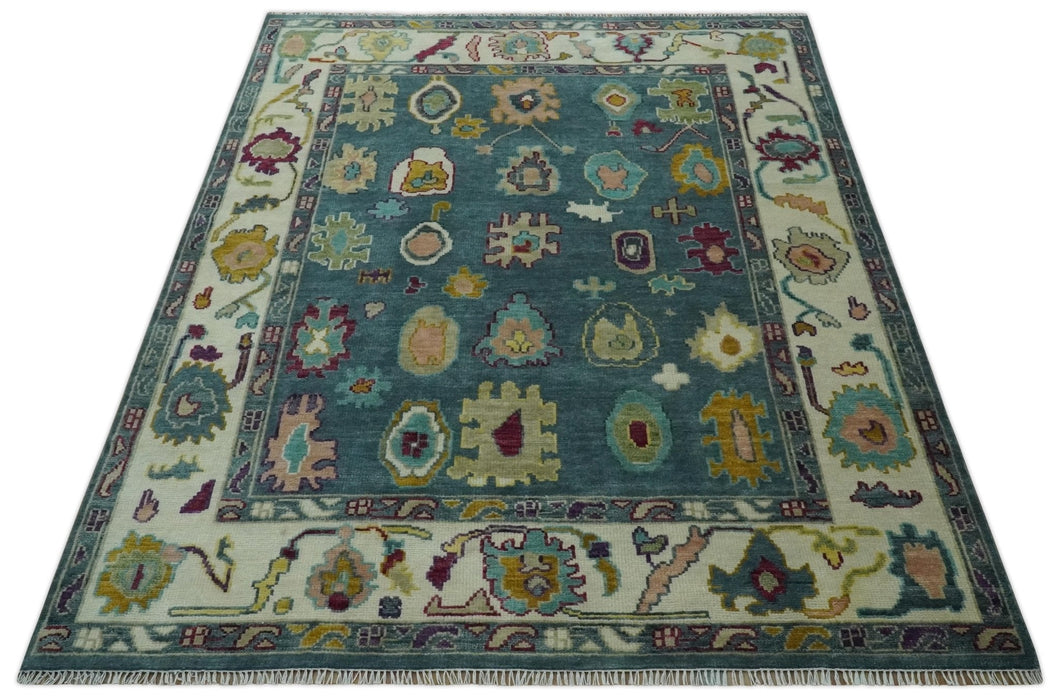 Colorful Teal, Ivory, Purple and Mustard Hand Knotted Traditional Oushak 8x10 wool Area Rug