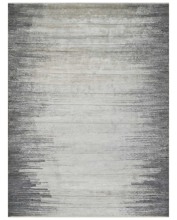 Contemporary Abstract 9x12 Hand Knotted Silver and Charcoal Wool and Bamboo Silk Area Rug