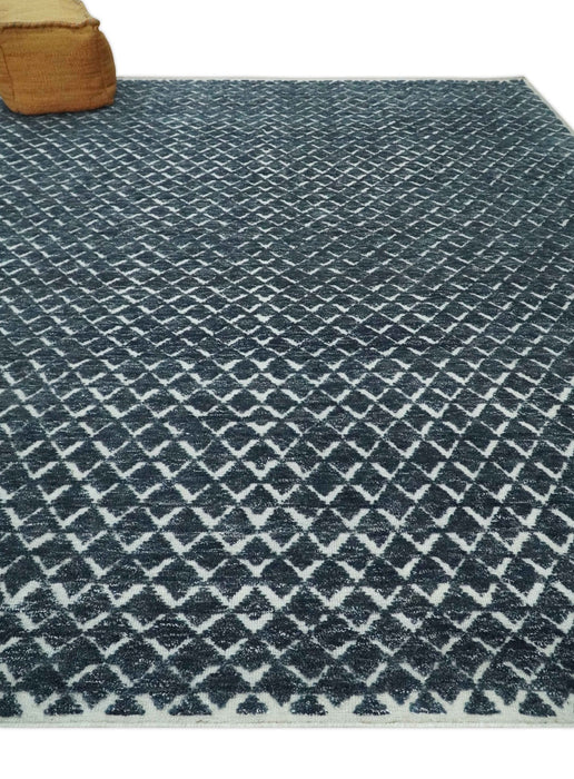 Contemporary Blue, Charcoal and Ivory Hand carved Geometrical Design Hand knotted wool Area Rug