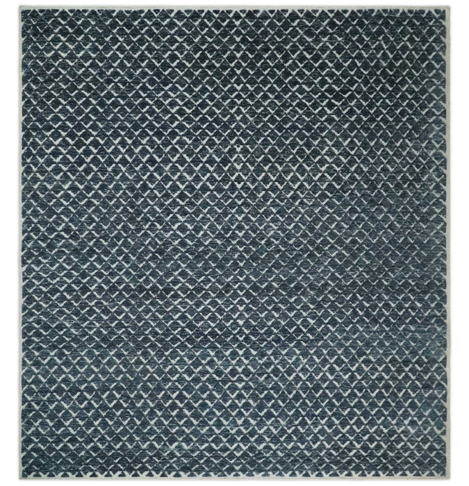 Contemporary Blue, Charcoal and Ivory Hand carved Geometrical Design Hand knotted wool Area Rug