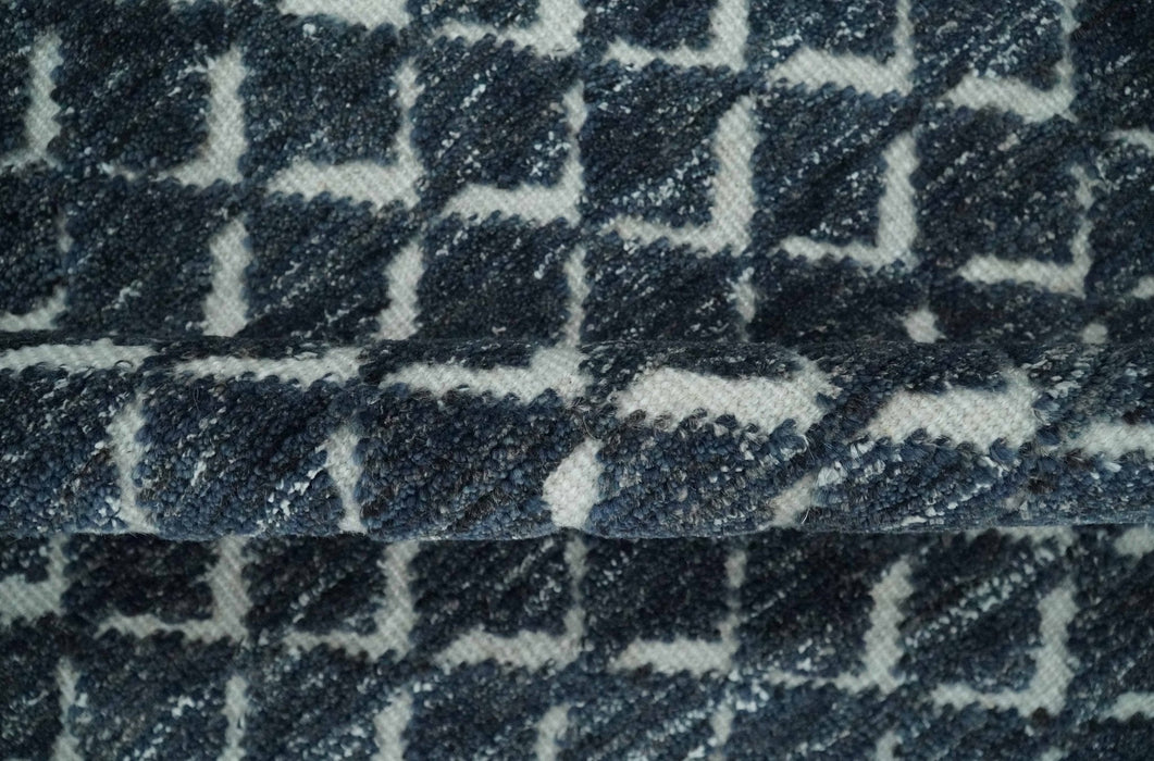 Contemporary Blue, Charcoal and Ivory Hand carved Geometrical Design Hand knotted wool Area Rug