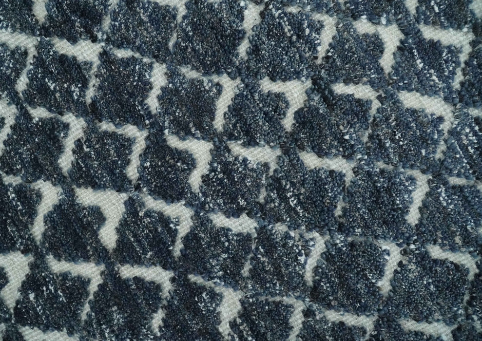 Contemporary Blue, Charcoal and Ivory Hand carved Geometrical Design Hand knotted wool Area Rug