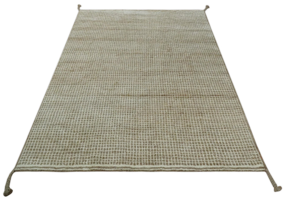 Contemporary Camel and Ivory Geometrical Square Design Hand Knotted 6.7x9.8 Wool Area Rug