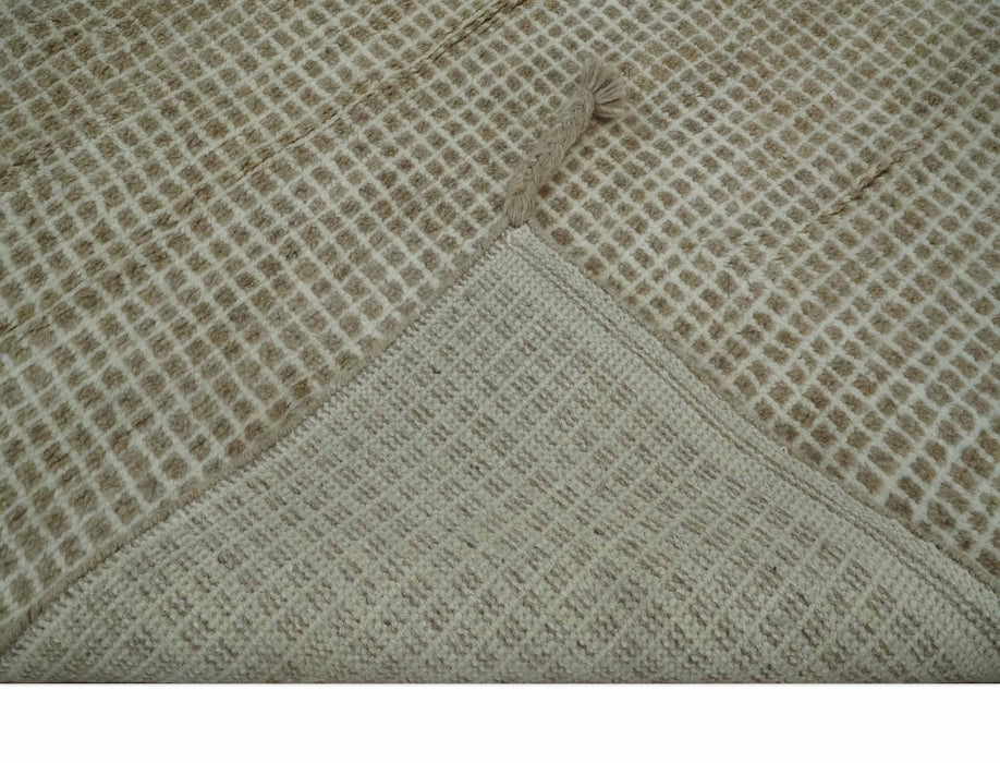 Contemporary Camel and Ivory Geometrical Square Design Hand Knotted 6.7x9.8 Wool Area Rug