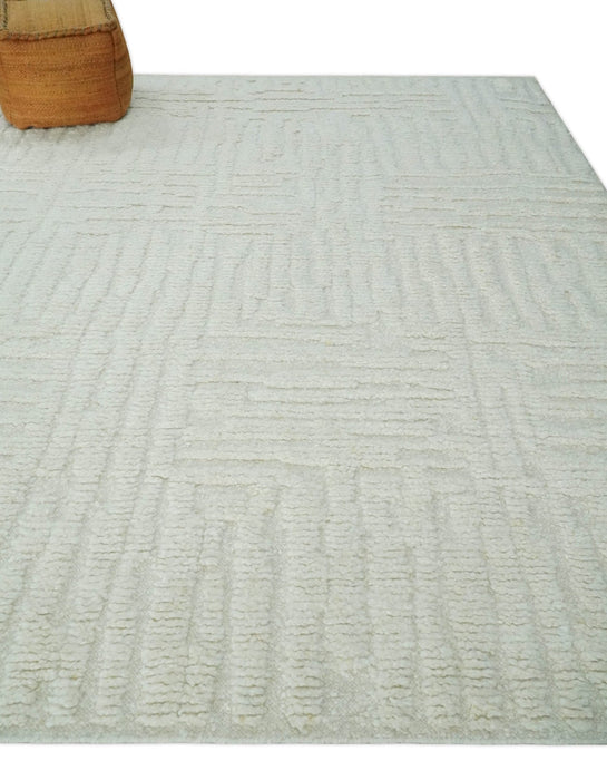 Contemporary High Low texture Hand knotted Ivory 8.6x9.10 wool Area Rug