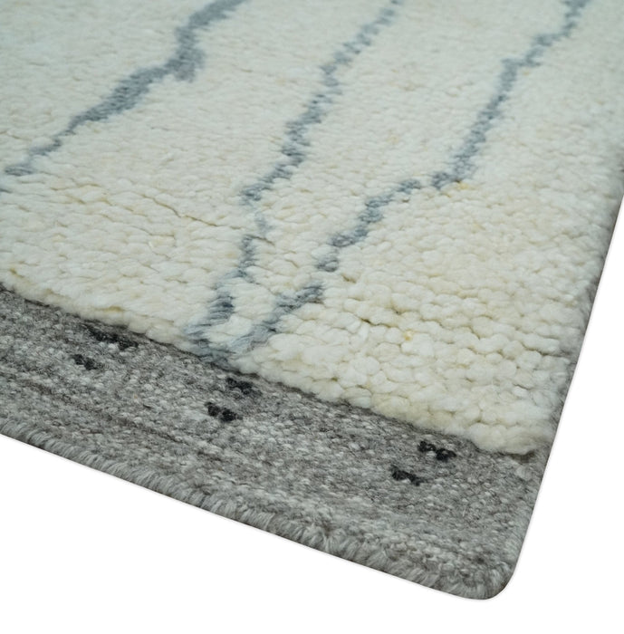 Contemporary Ivory and Gray 8.5x10.2 Stripes Pattern Hand knotted wool area rug