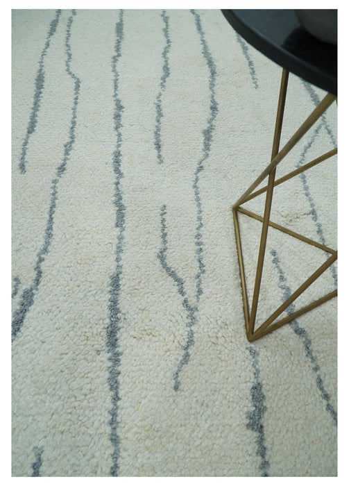 Contemporary Ivory and Gray 8.5x10.2 Stripes Pattern Hand knotted wool area rug